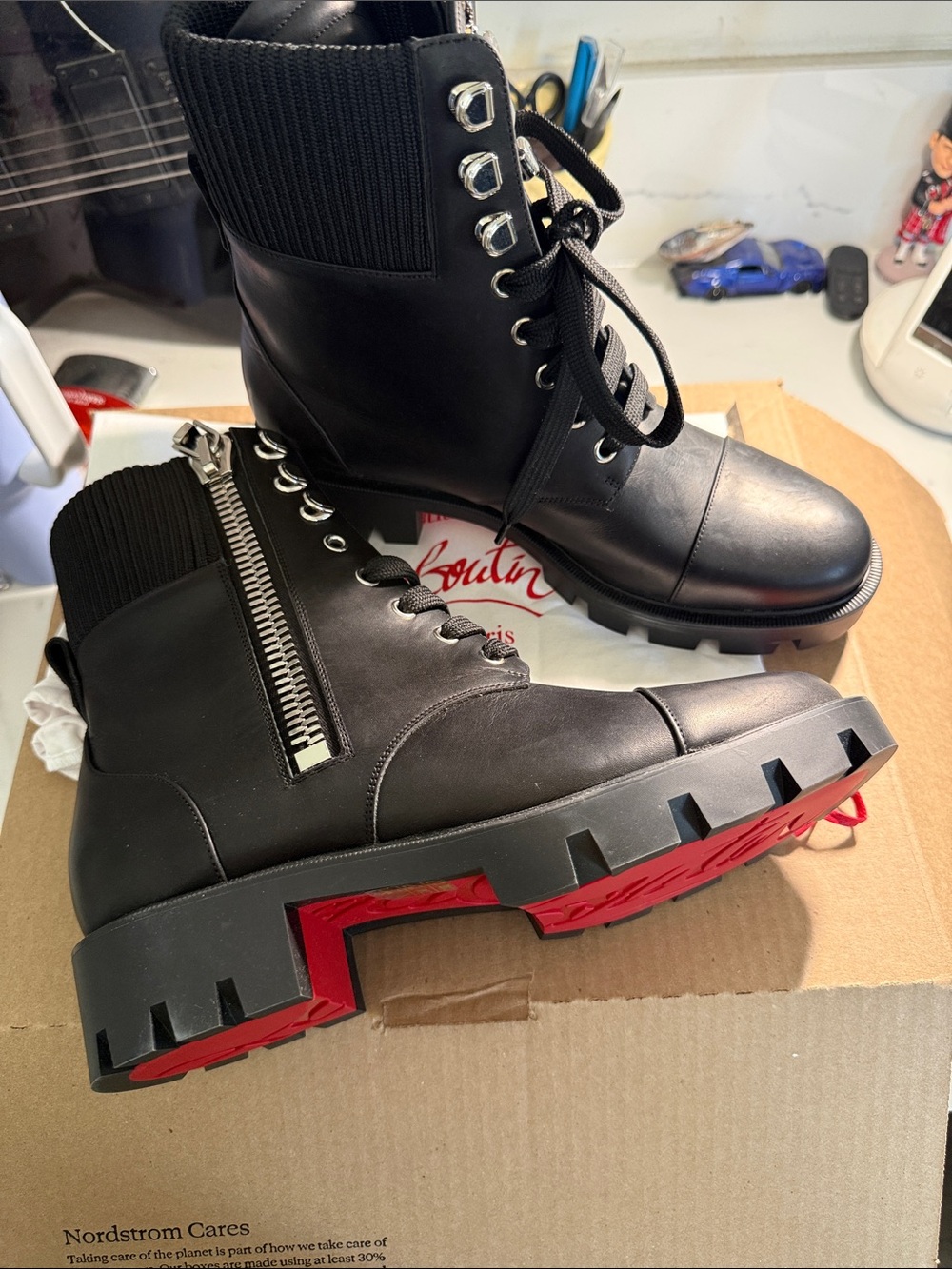 Christian Louboutin Black Leather Lug Sole Combat Boots with Red Accent